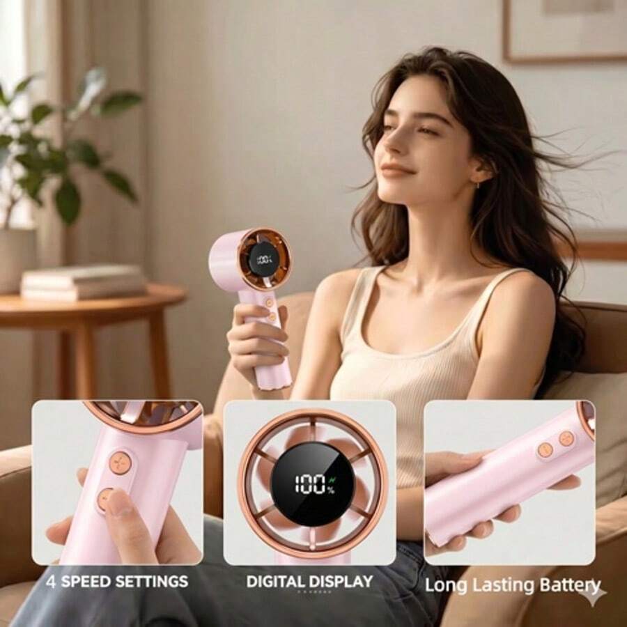 Pink Portable Handheld Mini Fan With Rose Gold Rhinestone Bezel, Adjustable Personal Air Cooler Digital Display, USB Rechargeable Pocket Fan For Home Office Outdoor, Charging With Original Included Cable