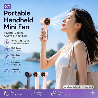 Pink Portable Handheld Mini Fan With Rose Gold Rhinestone Bezel, Adjustable Personal Air Cooler Digital Display, USB Rechargeable Pocket Fan For Home Office Outdoor, Charging With Original Included Cable