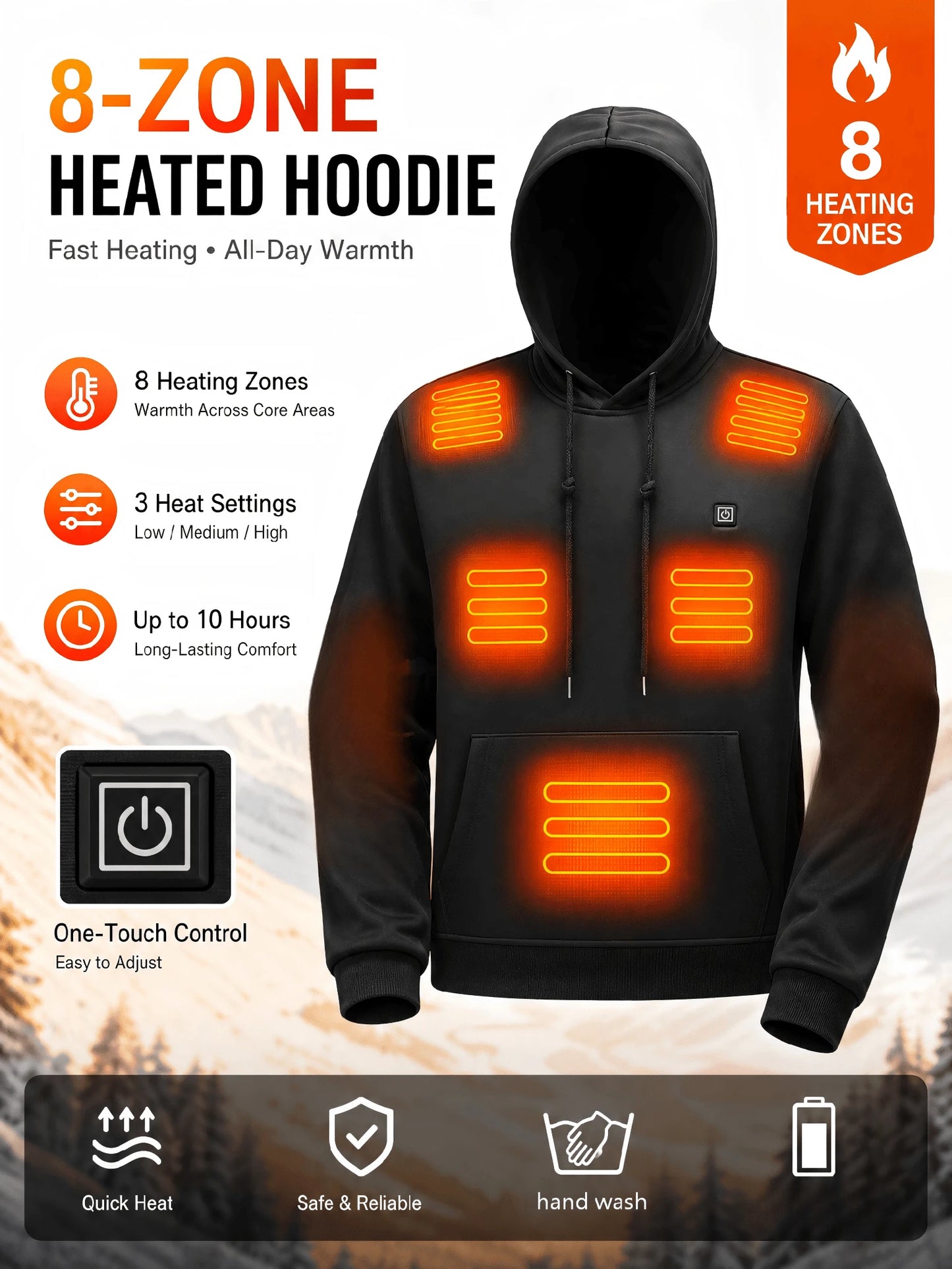 Unisex 8-Zone Heated Hoodie, 3-Level Adjustable USB-Powered Warm Sports Sweatshirt, Suitable For Winter Outdoor Sports And Daily Wear, Power Bank Not Included